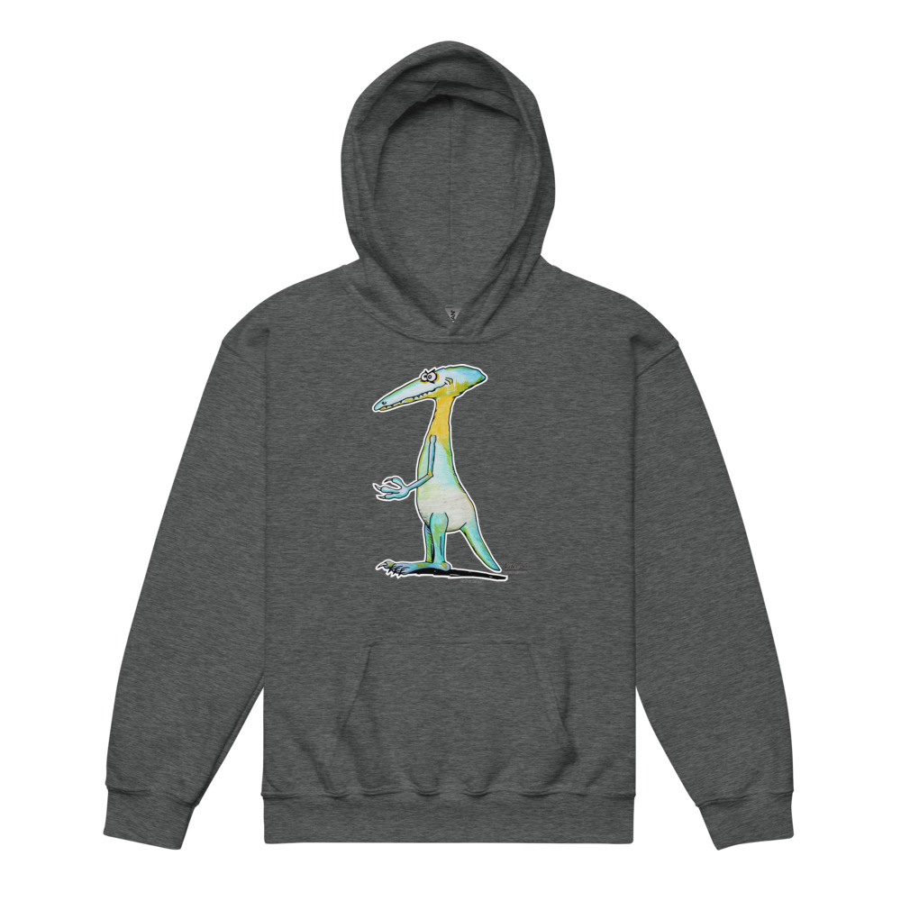 Dino Smiley — Youth Hoodie Sweatshirt (Dark Heather)